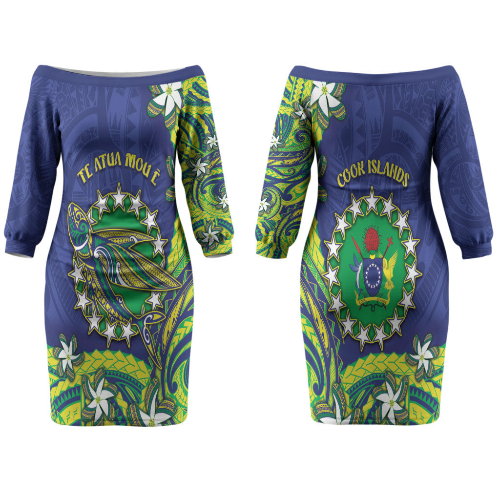 Cook Islands Language Week Couples Matching Off The Shoulder Long Sleeve Dress and Hawaiian Shirt Flying Fish 15 Stars Tribal Patterns