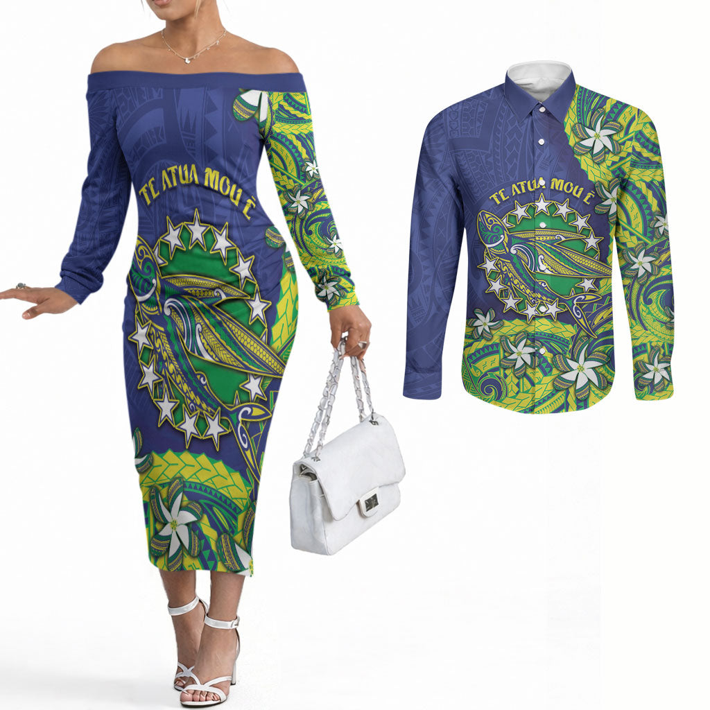 Cook Islands Language Week Couples Matching Off The Shoulder Long Sleeve Dress and Long Sleeve Button Shirt Flying Fish 15 Stars Tribal Patterns DT05 Green - Polynesian Pride