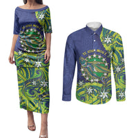 Cook Islands Language Week Couples Matching Puletasi and Long Sleeve Button Shirt Flying Fish 15 Stars Tribal Patterns