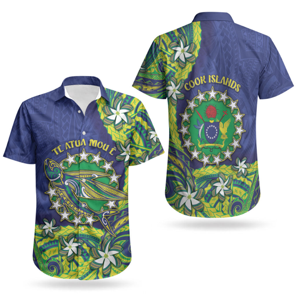 Cook Islands Language Week Couples Matching Short Sleeve Bodycon Dress and Hawaiian Shirt Flying Fish 15 Stars Tribal Patterns