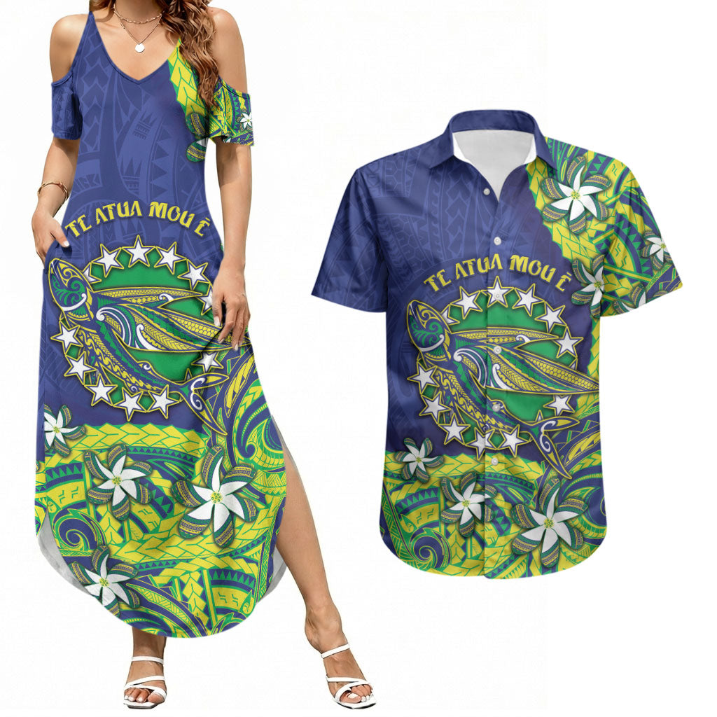 Cook Islands Language Week Couples Matching Summer Maxi Dress and Hawaiian Shirt Flying Fish 15 Stars Tribal Patterns
