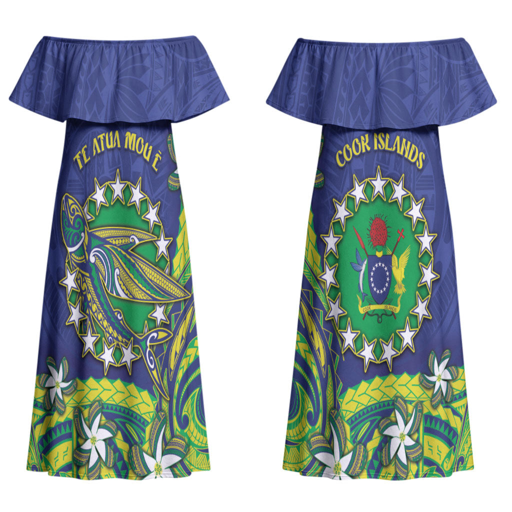 Cook Islands Language Week Family Matching Off Shoulder Maxi Dress and Hawaiian Shirt Flying Fish 15 Stars Tribal Patterns