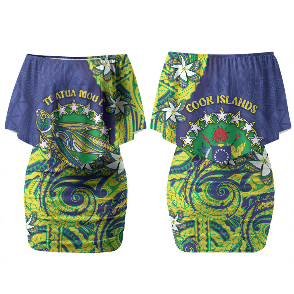 Cook Islands Language Week Family Matching Off Shoulder Short Dress and Hawaiian Shirt Flying Fish 15 Stars Tribal Patterns