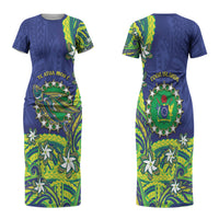 Cook Islands Language Week Family Matching Short Sleeve Bodycon Dress and Hawaiian Shirt Flying Fish 15 Stars Tribal Patterns