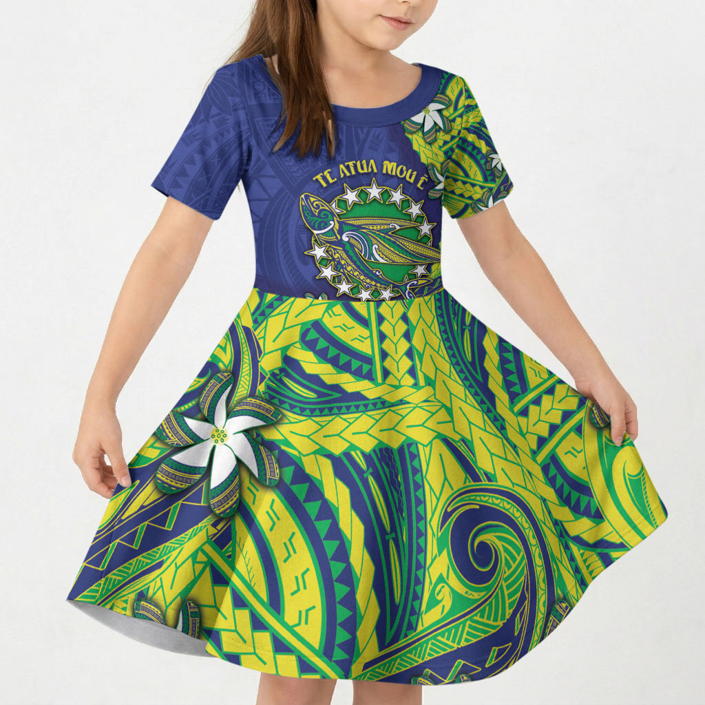 Cook Islands Language Week Kid Short Sleeve Dress Flying Fish 15 Stars Tribal Patterns