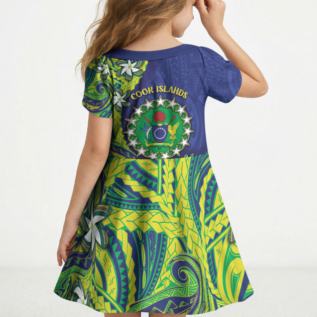 Cook Islands Language Week Kid Short Sleeve Dress Flying Fish 15 Stars Tribal Patterns