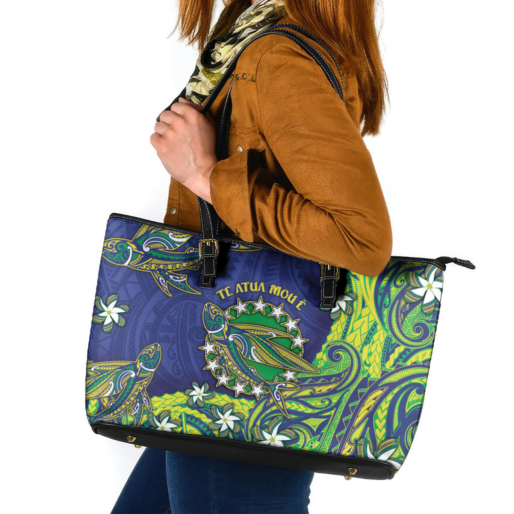 Cook Islands Language Week Leather Tote Bag Flying Fish 15 Stars Tribal Patterns
