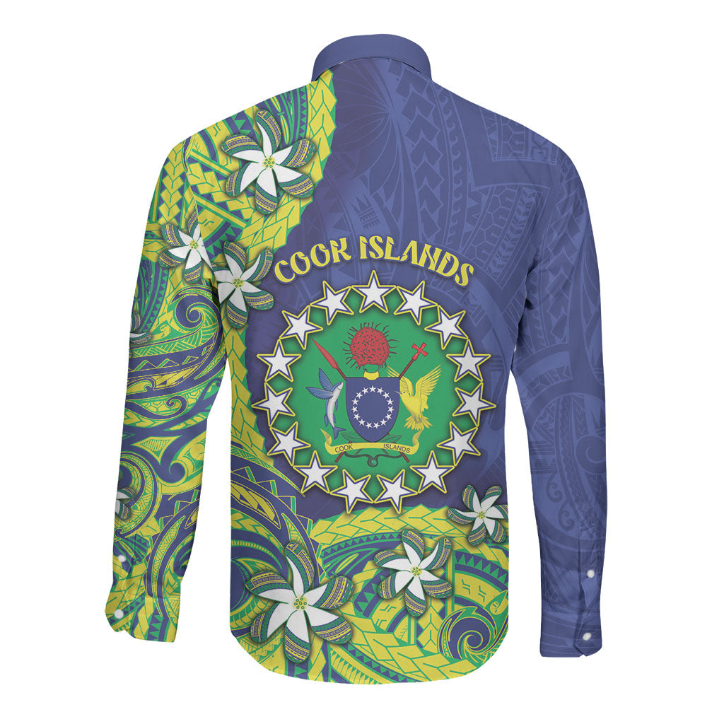 Cook Islands Language Week Long Sleeve Button Shirt Flying Fish 15 Stars Tribal Patterns