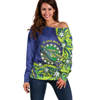 Cook Islands Language Week Off Shoulder Sweater Flying Fish 15 Stars Tribal Patterns