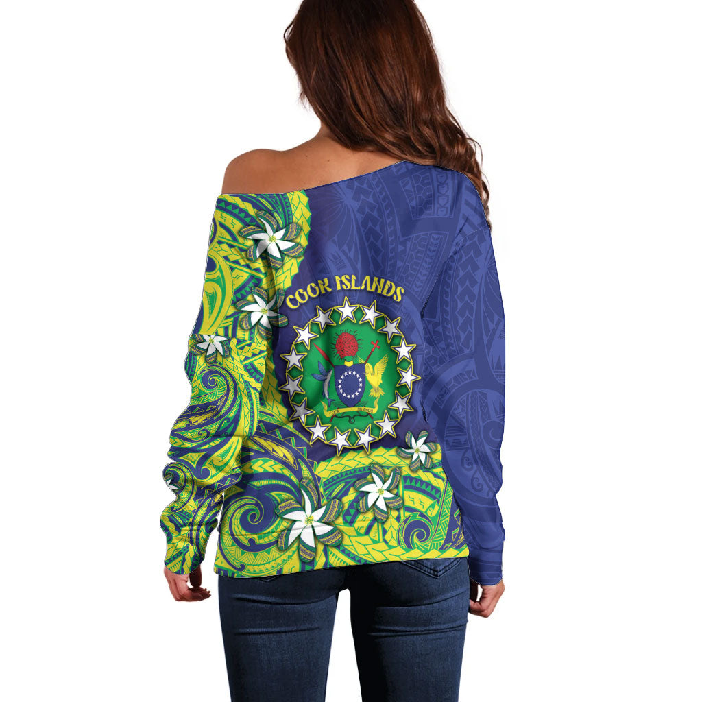 Cook Islands Language Week Off Shoulder Sweater Flying Fish 15 Stars Tribal Patterns