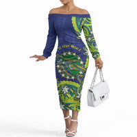 Cook Islands Language Week Off The Shoulder Long Sleeve Dress Flying Fish 15 Stars Tribal Patterns