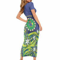 Cook Islands Language Week Short Sleeve Bodycon Dress Flying Fish 15 Stars Tribal Patterns