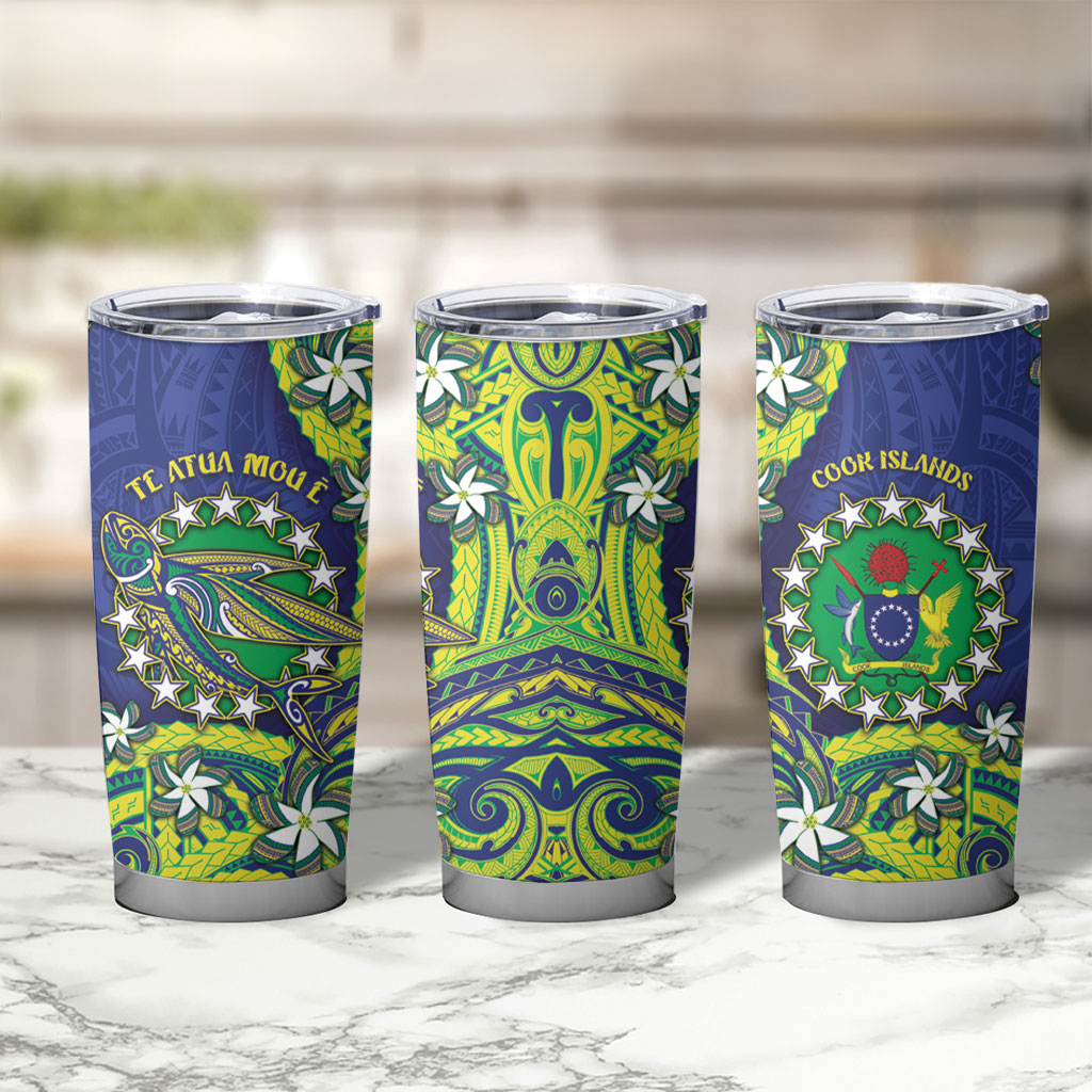 Cook Islands Language Week Tumbler Cup Flying Fish 15 Stars Tribal Patterns
