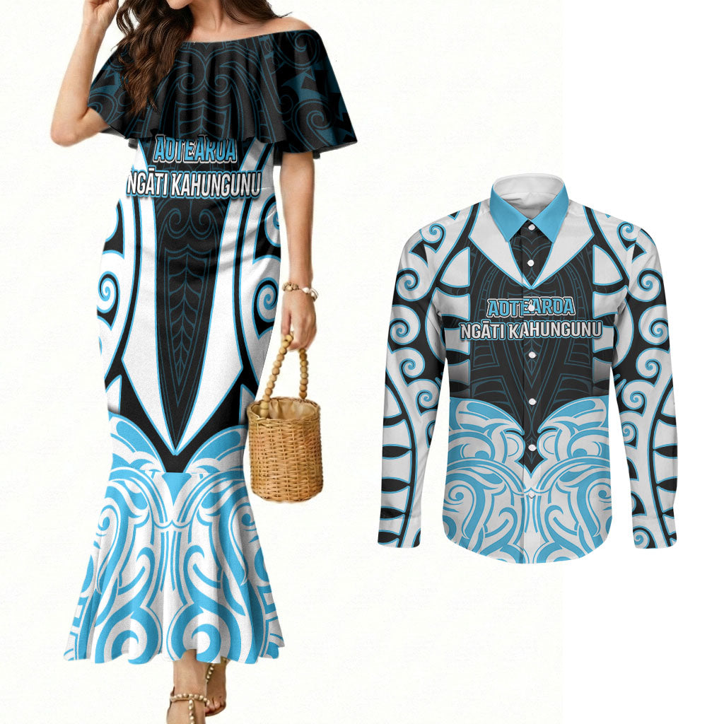 Custom Aotearoa Ngati Kahungunu Couples Matching Mermaid Dress and Long Sleeve Button Shirt New Zealand Traditional Maori Pattern