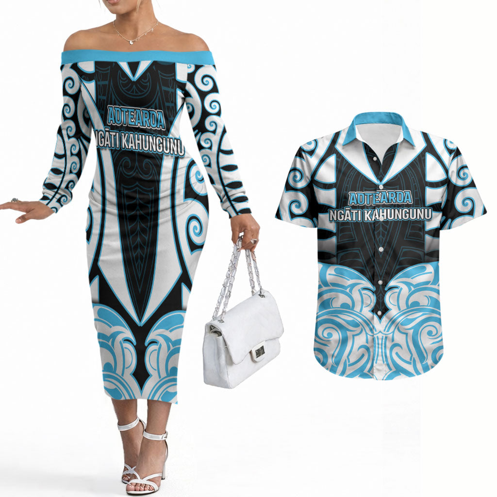 Custom Aotearoa Ngati Kahungunu Couples Matching Off The Shoulder Long Sleeve Dress and Hawaiian Shirt New Zealand Traditional Maori Pattern