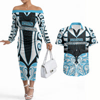 Custom Aotearoa Ngati Kahungunu Couples Matching Off The Shoulder Long Sleeve Dress and Hawaiian Shirt New Zealand Traditional Maori Pattern
