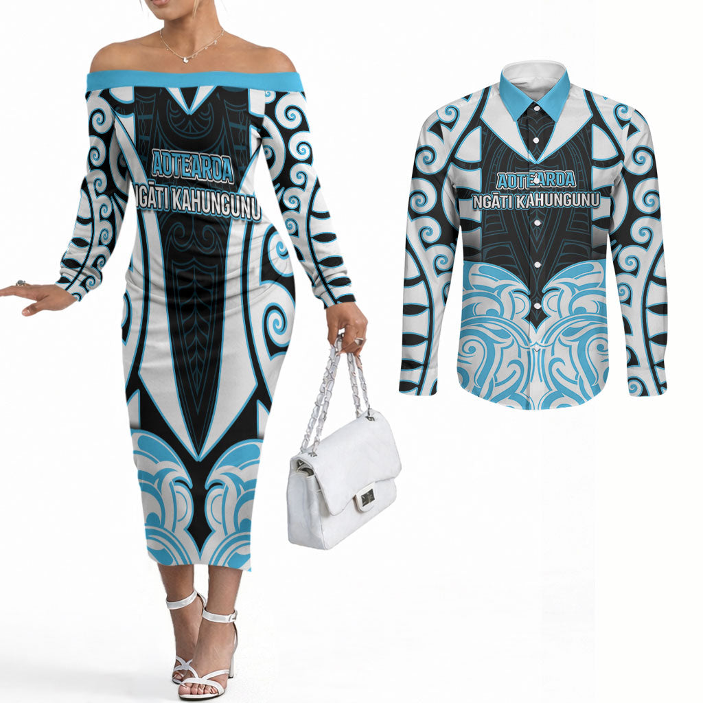 Custom Aotearoa Ngati Kahungunu Couples Matching Off The Shoulder Long Sleeve Dress and Long Sleeve Button Shirt New Zealand Traditional Maori Pattern