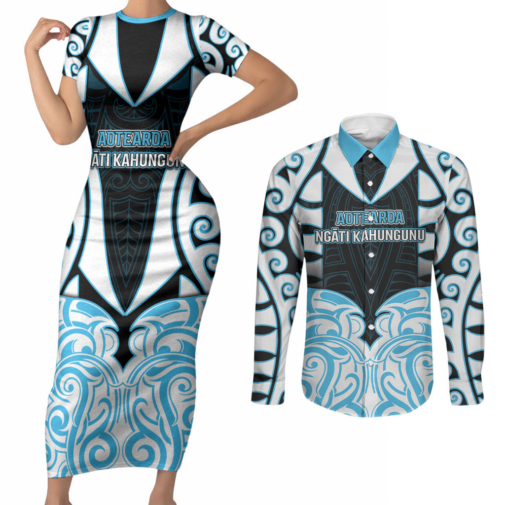 Custom Aotearoa Ngati Kahungunu Couples Matching Short Sleeve Bodycon Dress and Long Sleeve Button Shirt New Zealand Traditional Maori Pattern
