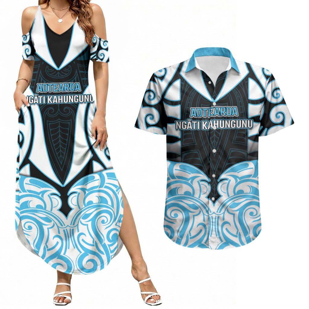 Custom Aotearoa Ngati Kahungunu Couples Matching Summer Maxi Dress and Hawaiian Shirt New Zealand Traditional Maori Pattern