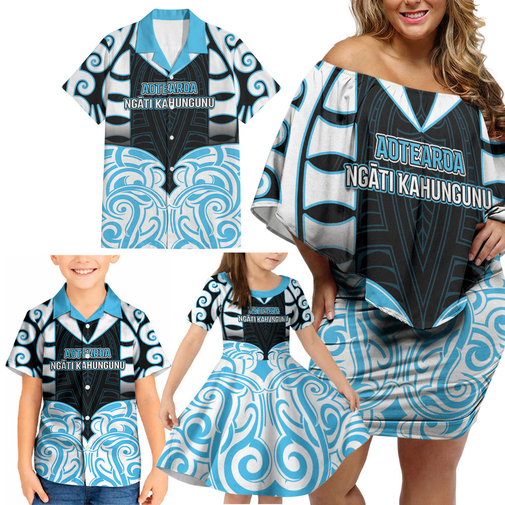 Custom Aotearoa Ngati Kahungunu Family Matching Off Shoulder Short Dress and Hawaiian Shirt New Zealand Traditional Maori Pattern