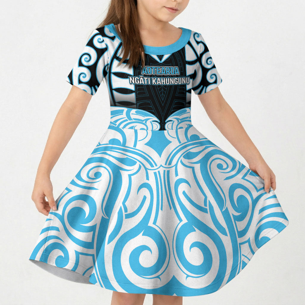 Custom Aotearoa Ngati Kahungunu Kid Short Sleeve Dress New Zealand Traditional Maori Pattern DT05 KID Blue - Polynesian Pride