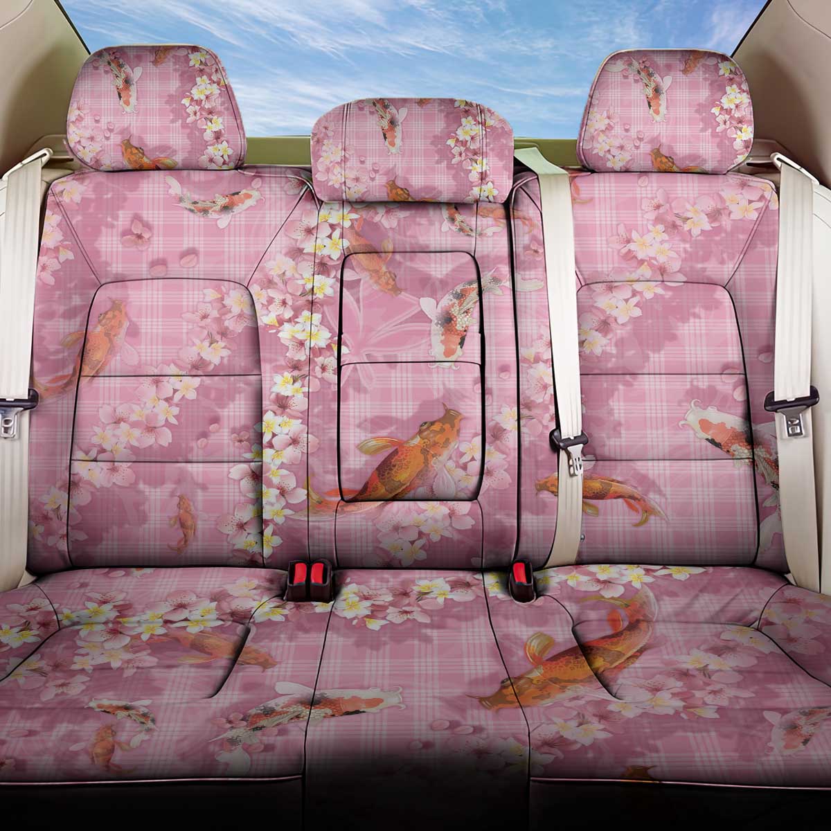 Pink Palaka Hawaiian And Japanese Back Car Seat Cover Sakura Lei With Koi Fish - Polynesian Pride