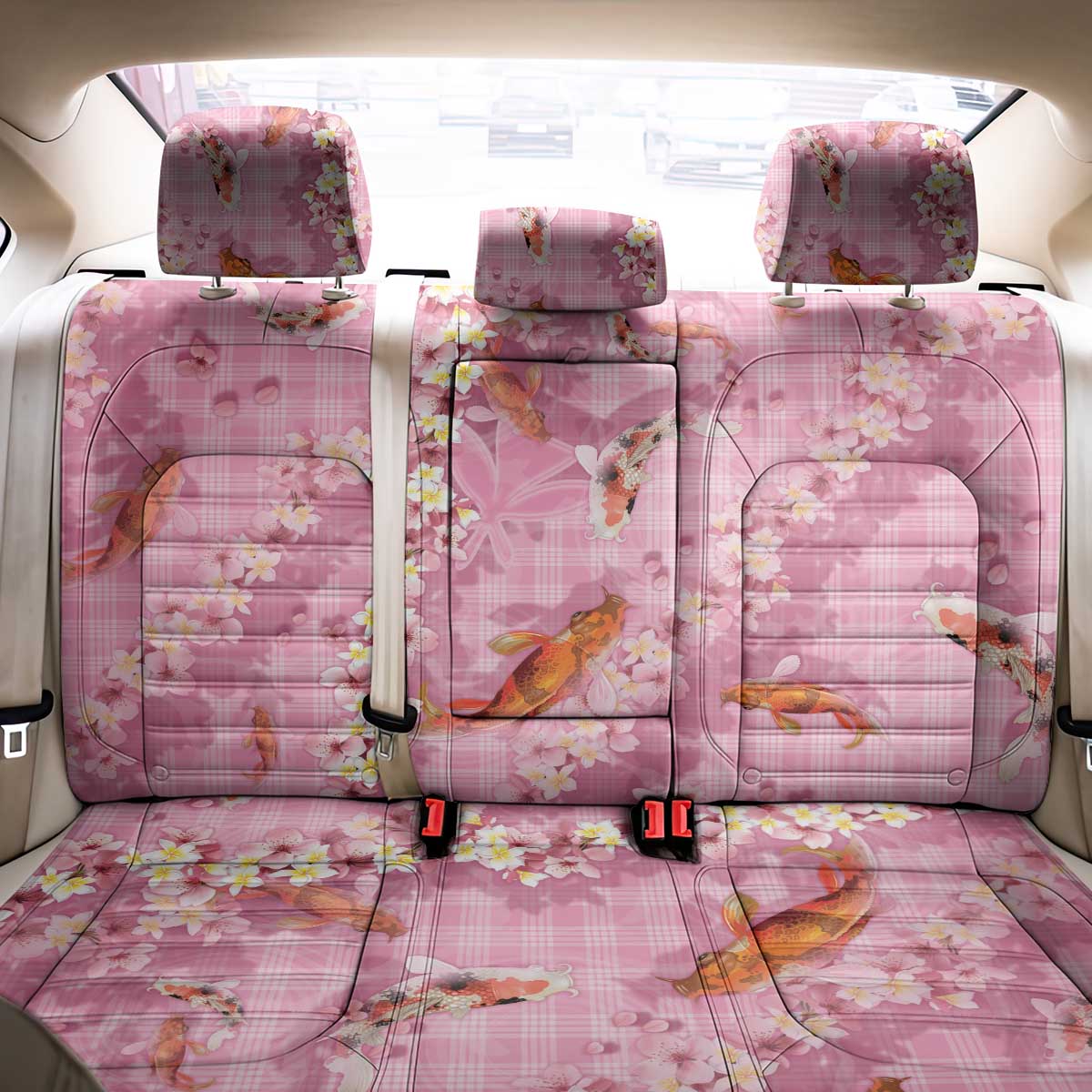 Pink Palaka Hawaiian And Japanese Back Car Seat Cover Sakura Lei With Koi Fish - Polynesian Pride