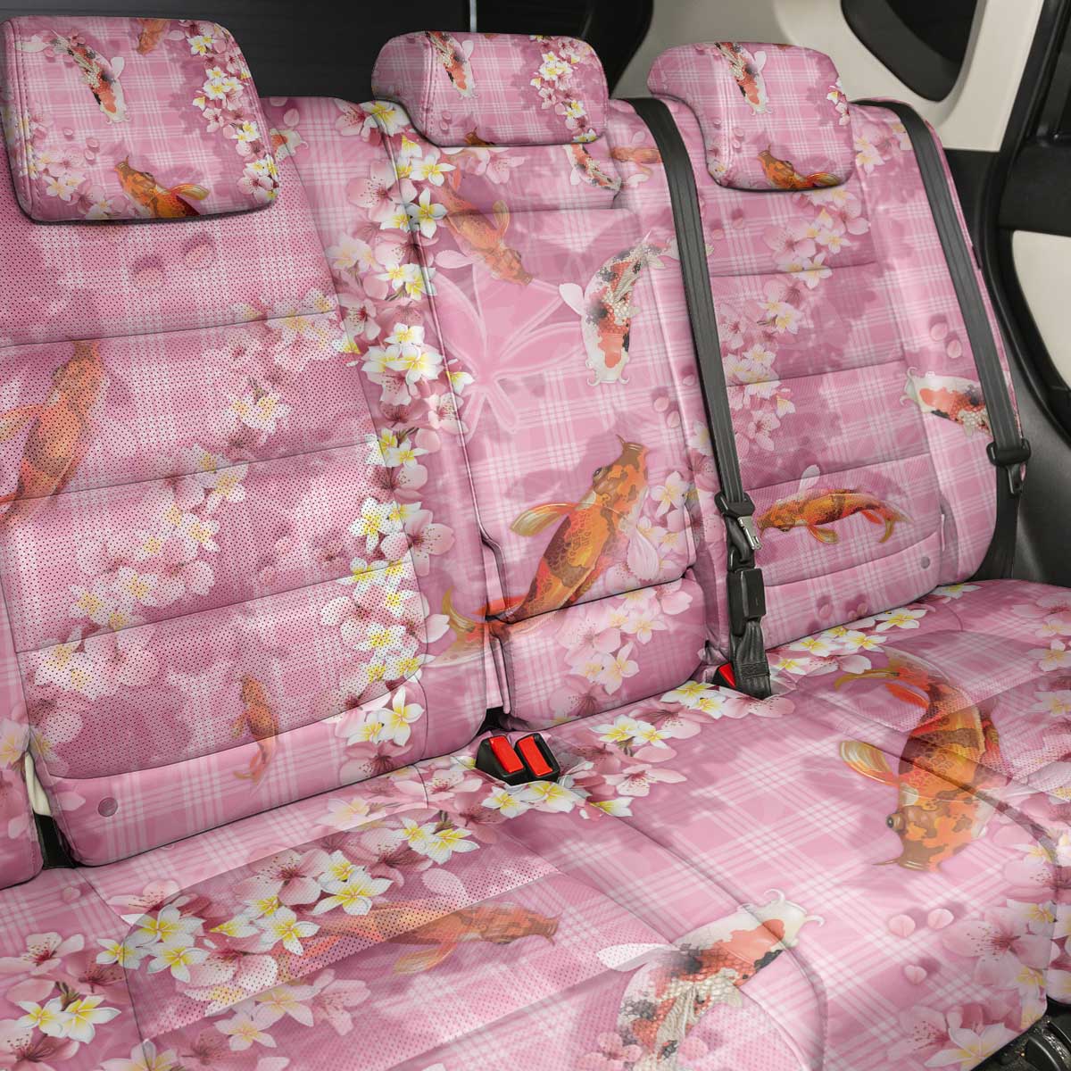 Pink Palaka Hawaiian And Japanese Back Car Seat Cover Sakura Lei With Koi Fish - Polynesian Pride