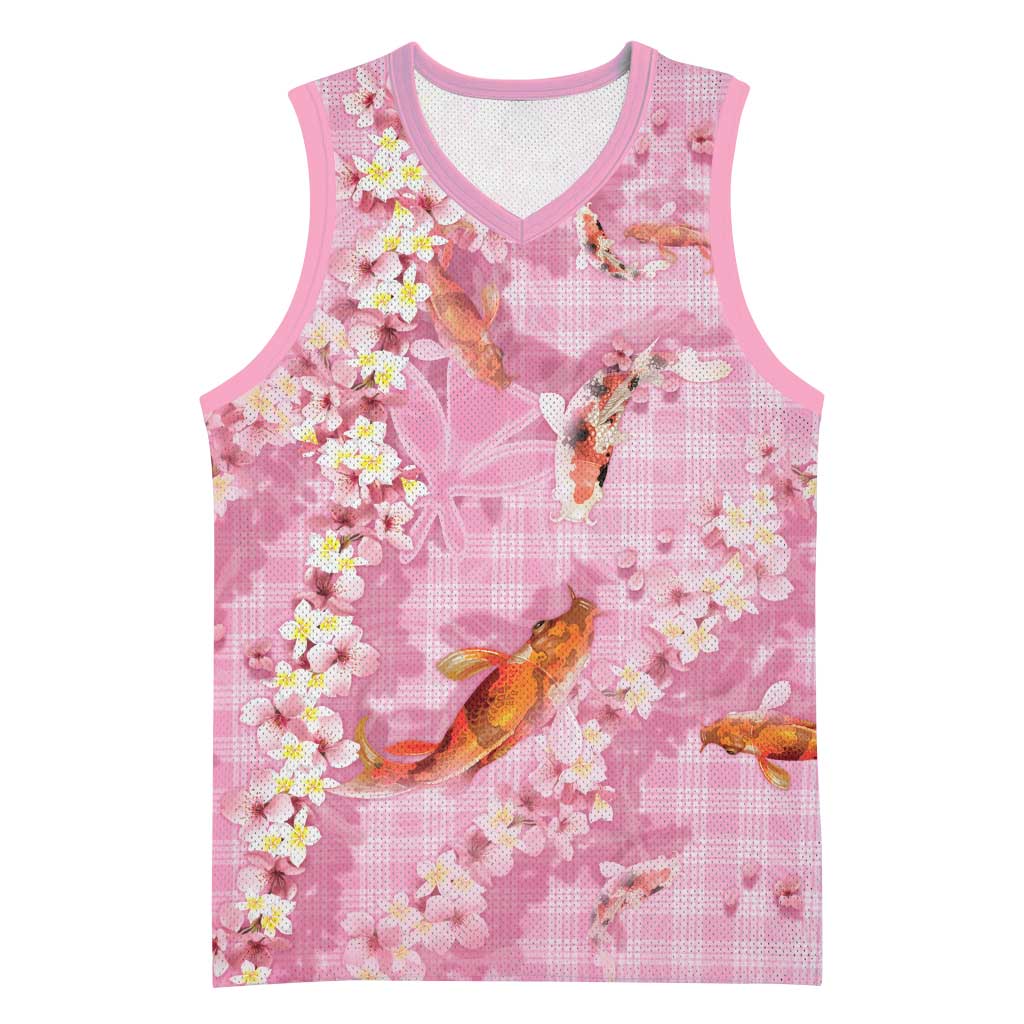 Pink Palaka Hawaiian And Japanese Basketball Jersey Sakura Lei With Koi Fish - Polynesian Pride