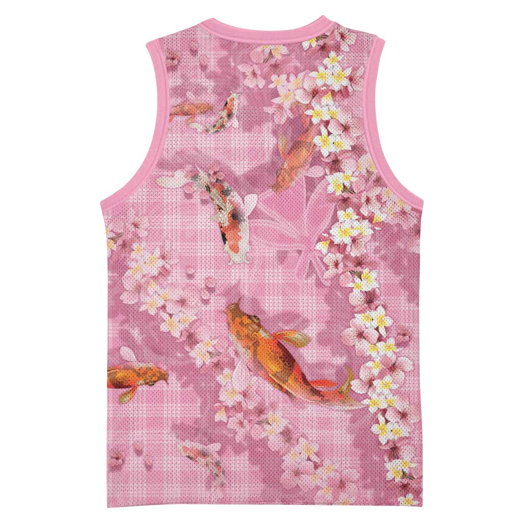 Pink Palaka Hawaiian And Japanese Basketball Jersey Sakura Lei With Koi Fish - Polynesian Pride