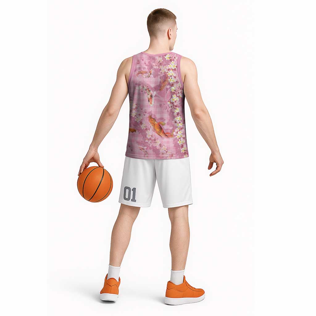 Pink Palaka Hawaiian And Japanese Basketball Jersey Sakura Lei With Koi Fish - Polynesian Pride
