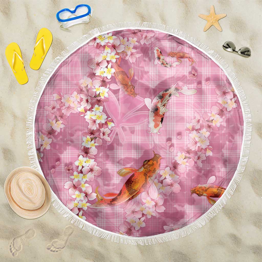 Pink Palaka Hawaiian And Japanese Beach Blanket Sakura Lei With Koi Fish - Polynesian Pride