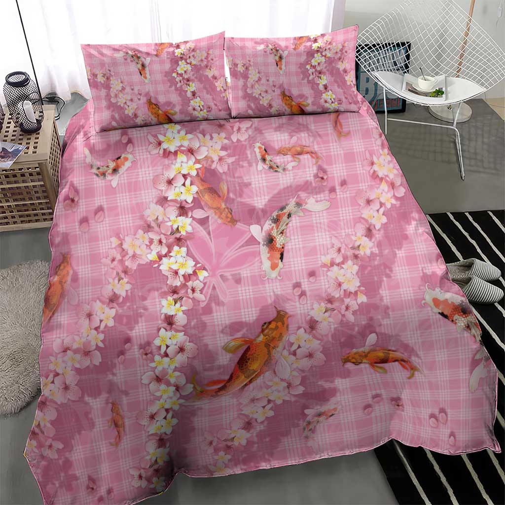 Pink Palaka Hawaiian And Japanese Bedding Set Sakura Lei With Koi Fish - Polynesian Pride