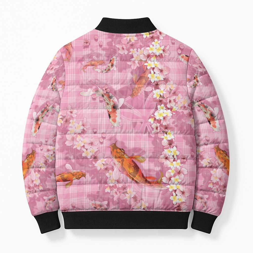 Pink Palaka Hawaiian And Japanese Bomber Puffer Jacket Sakura Lei With Koi Fish - Polynesian Pride