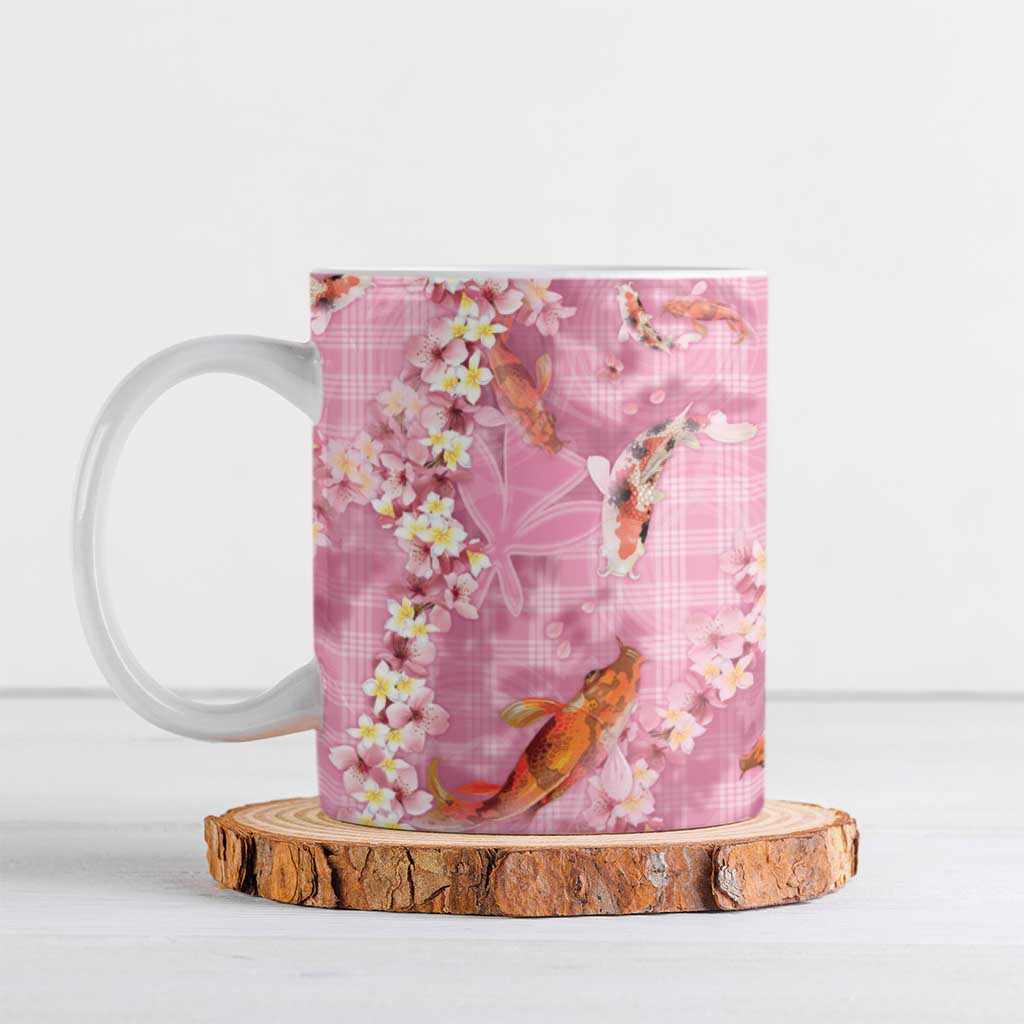 Pink Palaka Hawaiian And Japanese Ceramic Mug Sakura Lei With Koi Fish - Polynesian Pride