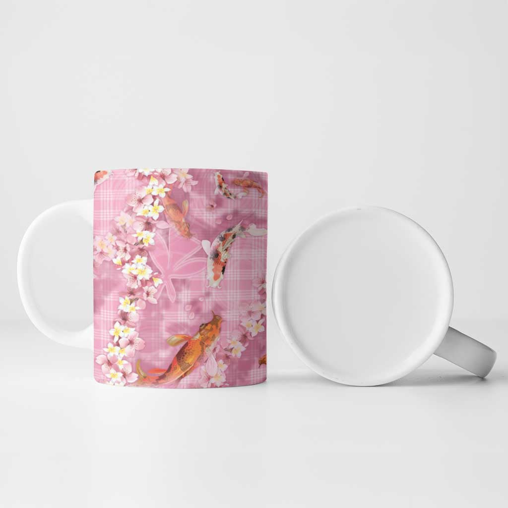 Pink Palaka Hawaiian And Japanese Ceramic Mug Sakura Lei With Koi Fish - Polynesian Pride