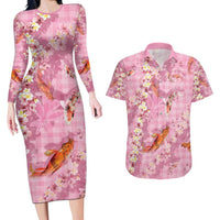 Pink Palaka Hawaiian And Japanese Couples Matching Long Sleeve Bodycon Dress and Hawaiian Shirt Sakura Lei With Koi Fish - Polynesian Pride