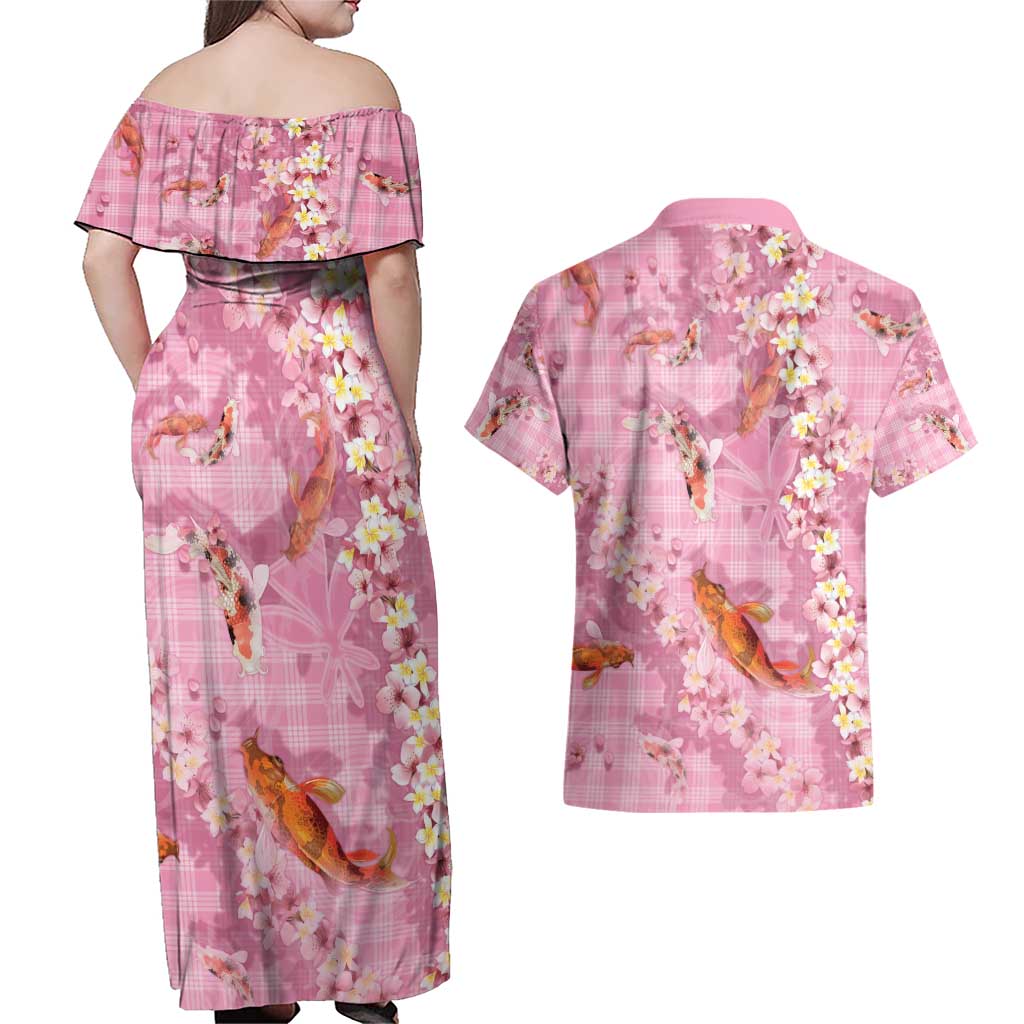 Pink Palaka Hawaiian And Japanese Couples Matching Off Shoulder Maxi Dress and Hawaiian Shirt Sakura Lei With Koi Fish - Polynesian Pride