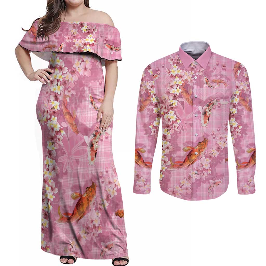 Pink Palaka Hawaiian And Japanese Couples Matching Off Shoulder Maxi Dress and Long Sleeve Button Shirt Sakura Lei With Koi Fish - Polynesian Pride