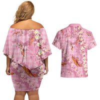 Pink Palaka Hawaiian And Japanese Couples Matching Off Shoulder Short Dress and Hawaiian Shirt Sakura Lei With Koi Fish - Polynesian Pride