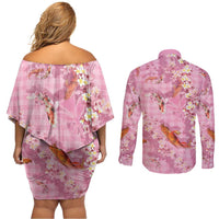 Pink Palaka Hawaiian And Japanese Couples Matching Off Shoulder Short Dress and Long Sleeve Button Shirt Sakura Lei With Koi Fish - Polynesian Pride