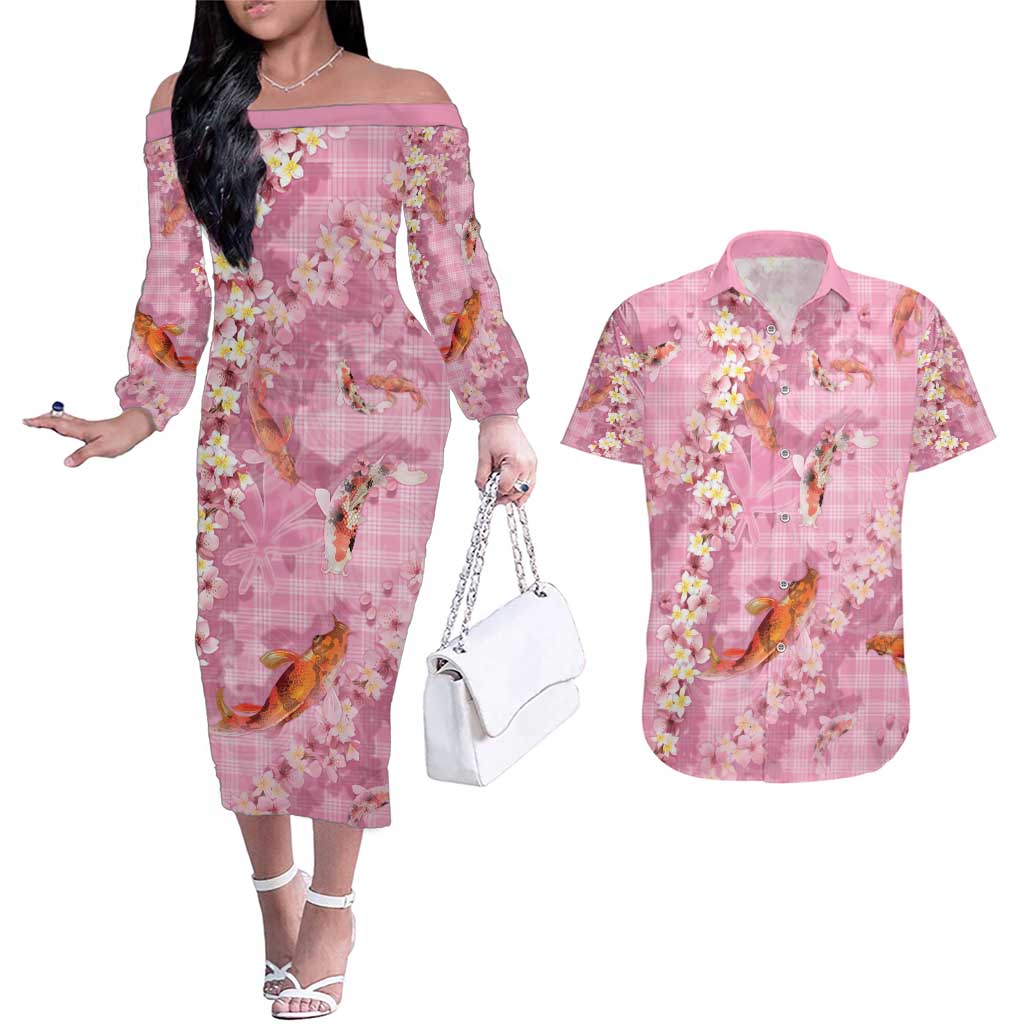 Pink Palaka Hawaiian And Japanese Couples Matching Off The Shoulder Long Sleeve Dress and Hawaiian Shirt Sakura Lei With Koi Fish - Polynesian Pride