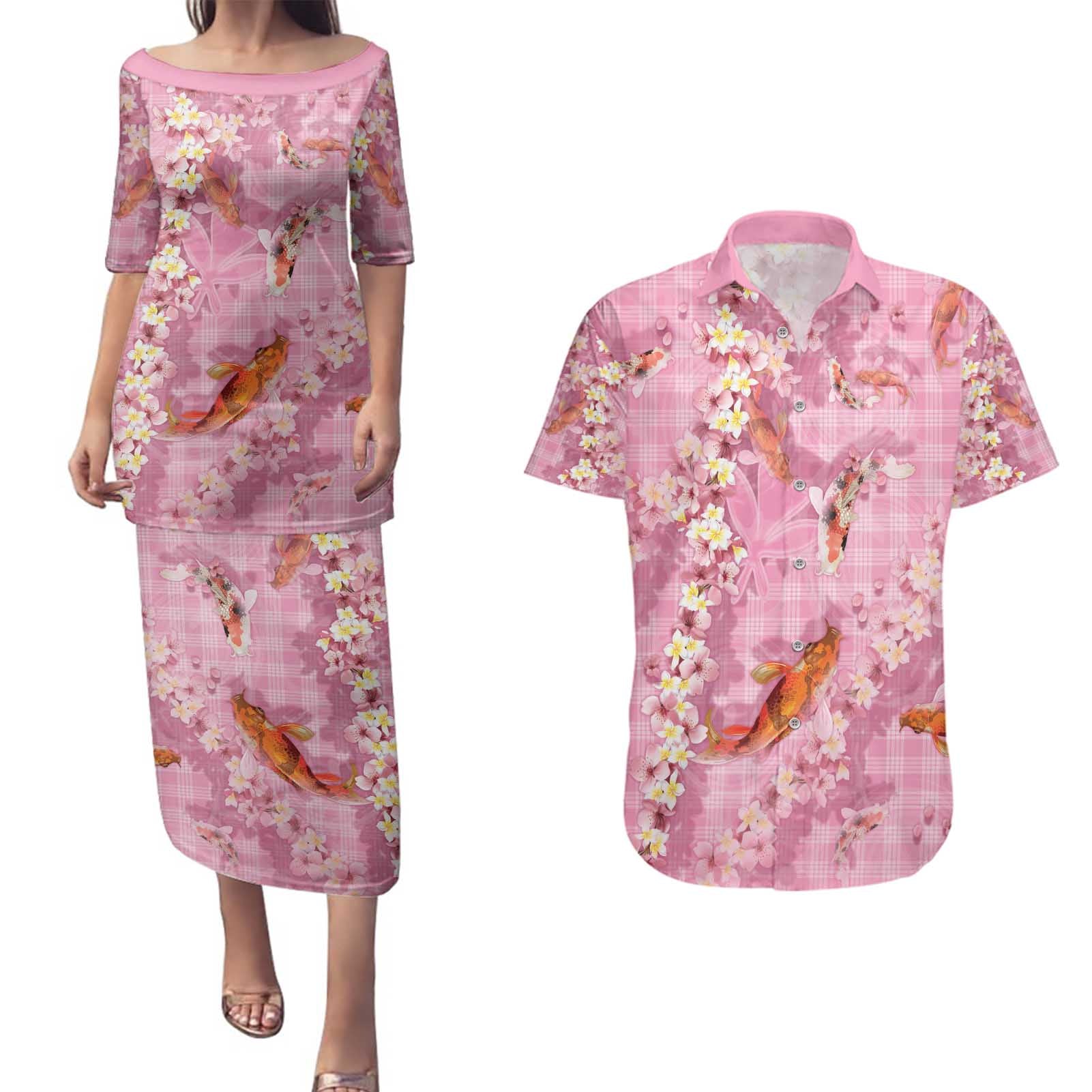 Pink Palaka Hawaiian And Japanese Couples Matching Puletasi and Hawaiian Shirt Sakura Lei With Koi Fish - Polynesian Pride