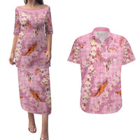 Pink Palaka Hawaiian And Japanese Couples Matching Puletasi and Hawaiian Shirt Sakura Lei With Koi Fish - Polynesian Pride