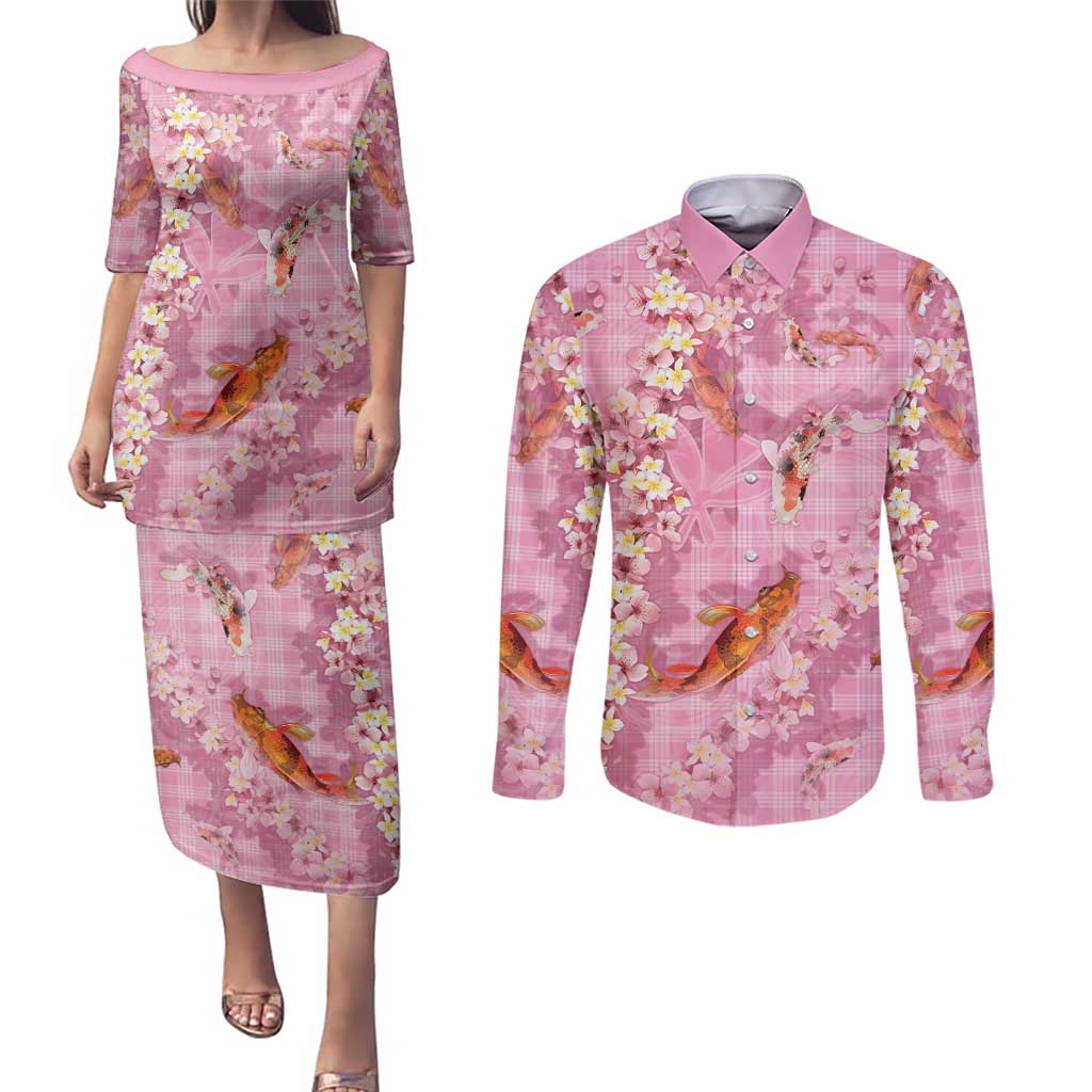 Pink Palaka Hawaiian And Japanese Couples Matching Puletasi and Long Sleeve Button Shirt Sakura Lei With Koi Fish - Polynesian Pride