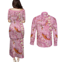 Pink Palaka Hawaiian And Japanese Couples Matching Puletasi and Long Sleeve Button Shirt Sakura Lei With Koi Fish - Polynesian Pride