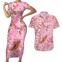 Pink Palaka Hawaiian And Japanese Couples Matching Short Sleeve Bodycon Dress and Hawaiian Shirt Sakura Lei With Koi Fish - Polynesian Pride