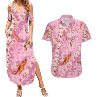 Pink Palaka Hawaiian And Japanese Couples Matching Summer Maxi Dress and Hawaiian Shirt Sakura Lei With Koi Fish - Polynesian Pride