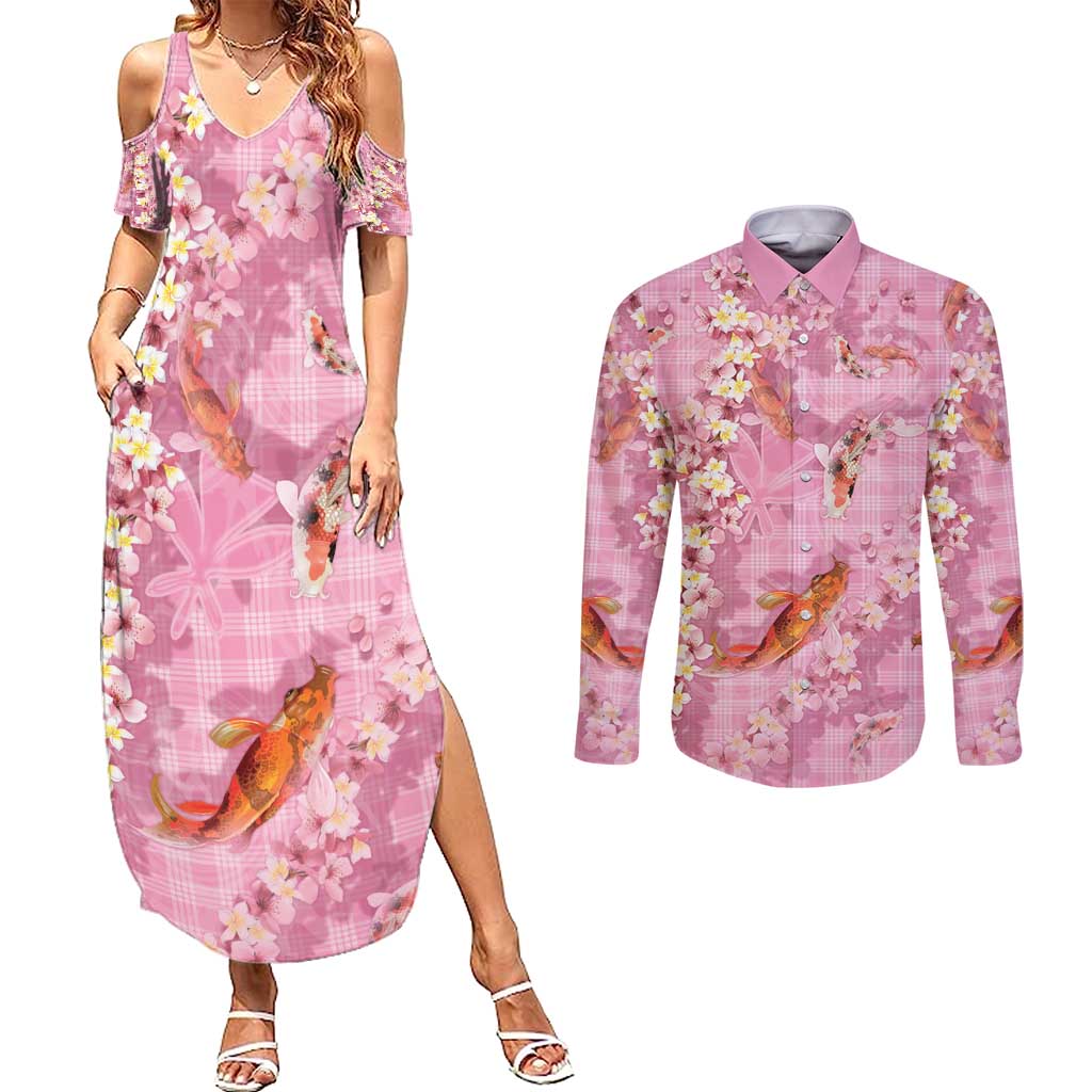 Pink Palaka Hawaiian And Japanese Couples Matching Summer Maxi Dress and Long Sleeve Button Shirt Sakura Lei With Koi Fish - Polynesian Pride