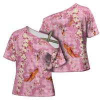 Pink Palaka Hawaiian And Japanese Cross Shoulder Shirt Sakura Lei With Koi Fish - Polynesian Pride
